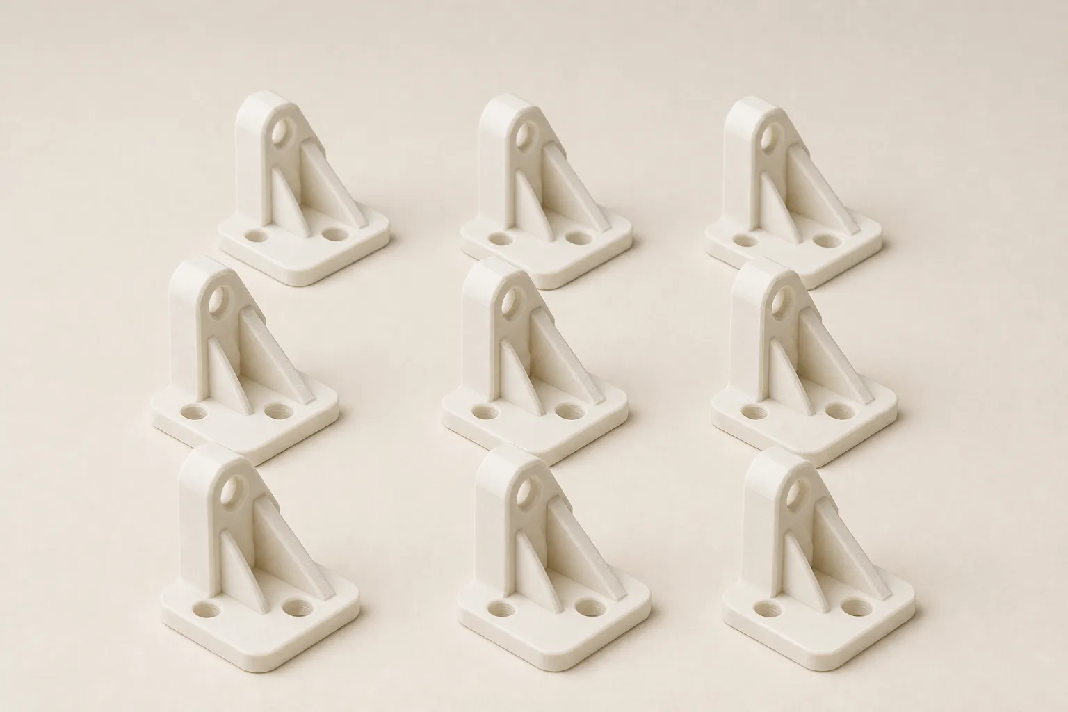 Nine identical off-white FDM brackets arranged in a three-by-three grid.