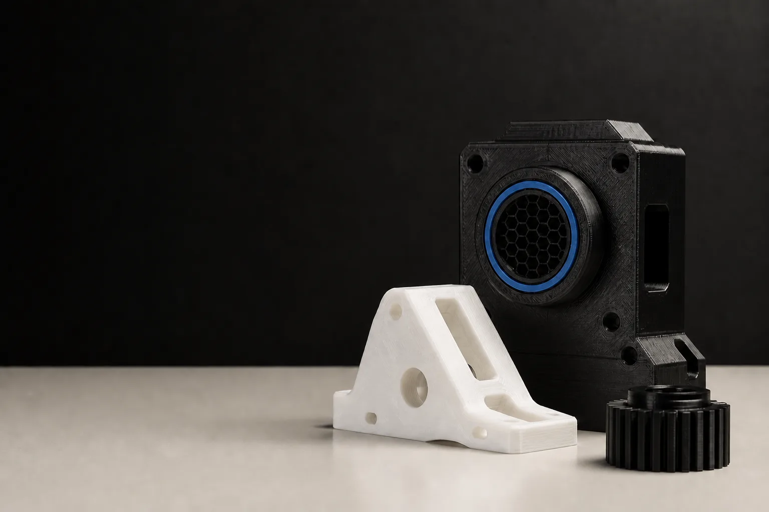An FDM-printed white bracket, black sensor housing and black gear, printed in PLA and PETG.