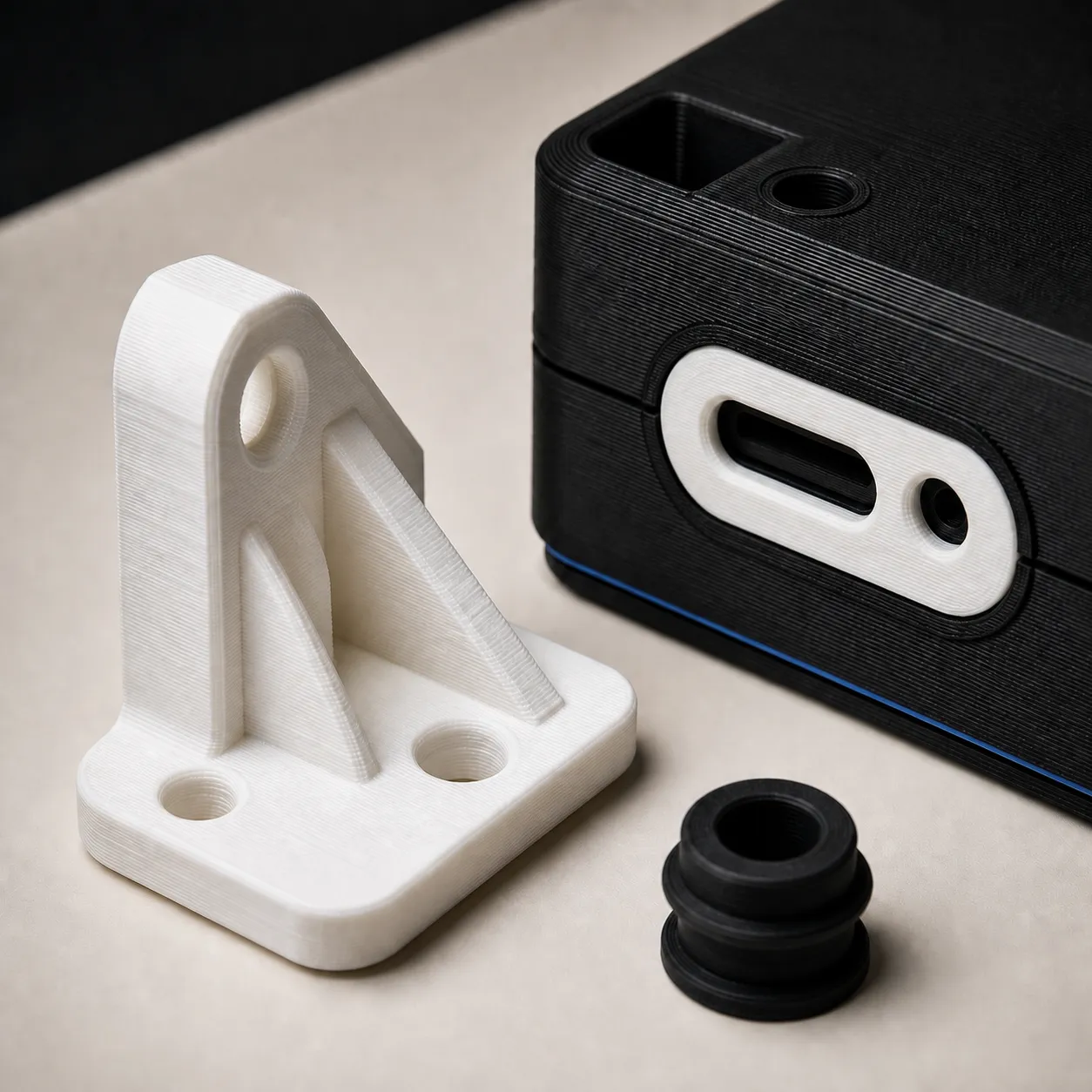 Close detail of the layer lines on a freshly printed FDM bracket.