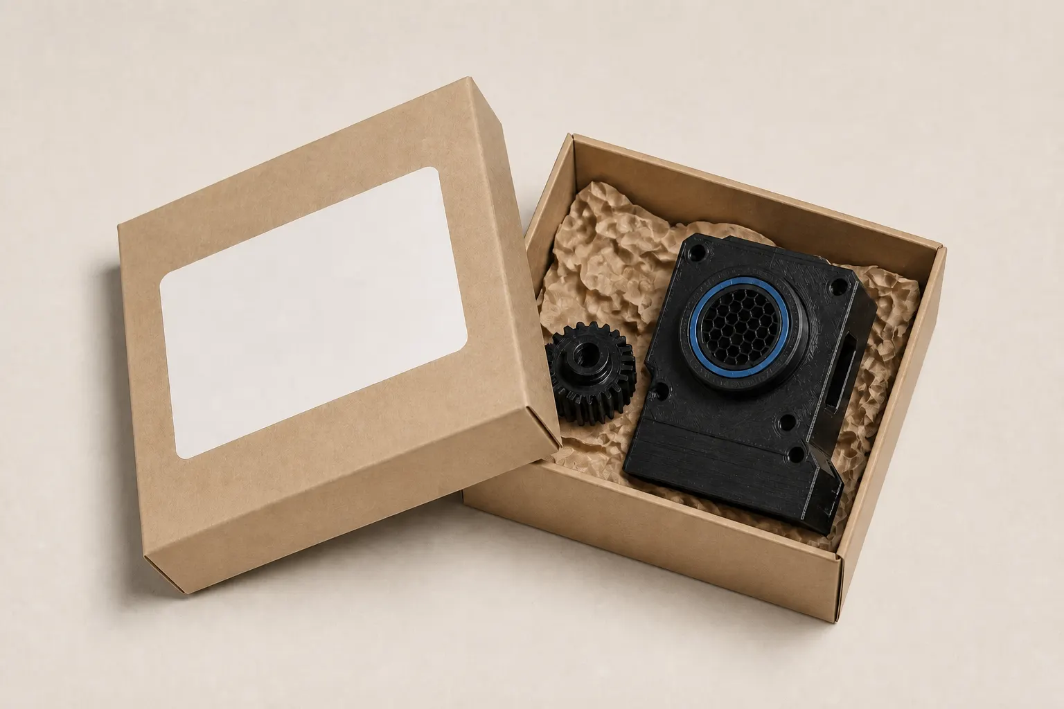 An open kraft carton holding two matte black FDM parts in recycled paper, with a blank lid label.