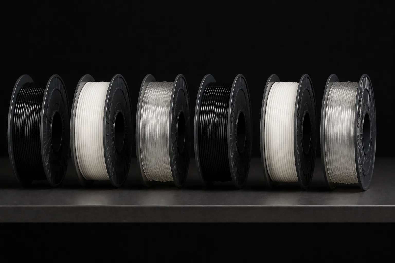 Six unbranded filament spools in black, white and natural on a dark shelf.